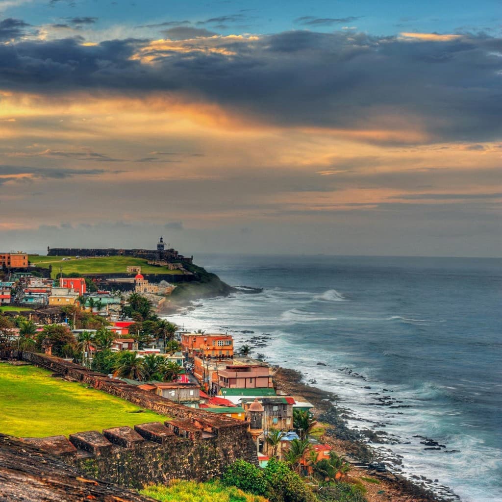 Colorful hillside houses along the coastline in San Juan, Puerto Rico